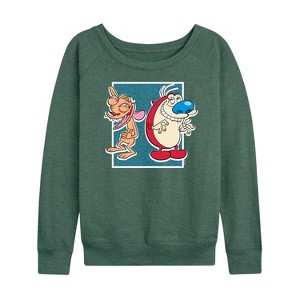 Women's - Ren & Stimpy - Friendly Laughter Lightweight French Terry Wide Neck Long Sleeve Shirt - 1 of 4