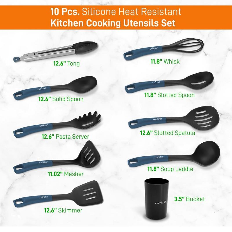 NutriChef 10 Pcs. Silicone Heat Resistant Kitchen Cooking Utensils Set - Non-Stick Baking Tools with PP Holder (Blue & Black), 2 of 5