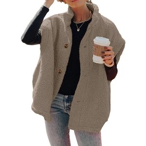 Imily Bela Womens Casual Button Down Fuzzy Fleece Vest - Oversized Warm Jacket with Pockets - 1 of 4