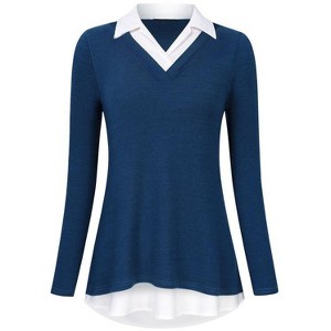 Coolmee Women's Contrast Collared Shirts Long Sleeve Patchwork Work Blouse Tunics Tops - 1 of 4