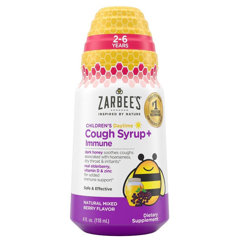 Zarbee&#39;s Kid&#39;s Cough + Immune Daytime for Age 2-6 with Honey, Vitamin D &#38; Zinc - Mix Berry - 4 fl oz, 1 of 10