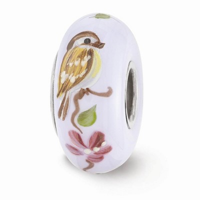 Black Bow Jewelry Fenton Hand Painted Sparrow Glass & Sterling Silver Bead Charm