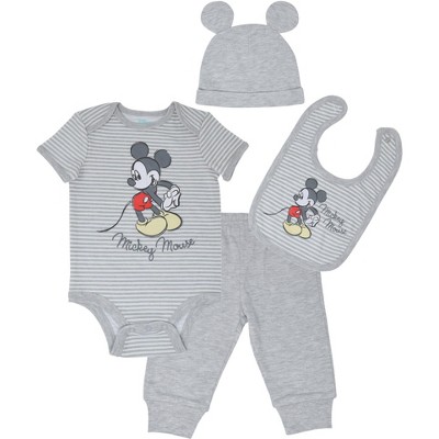 Disney Mickey Mouse Baby Bodysuit Pants Bib and Hat 4 Piece Outfit Set Newborn to Infant