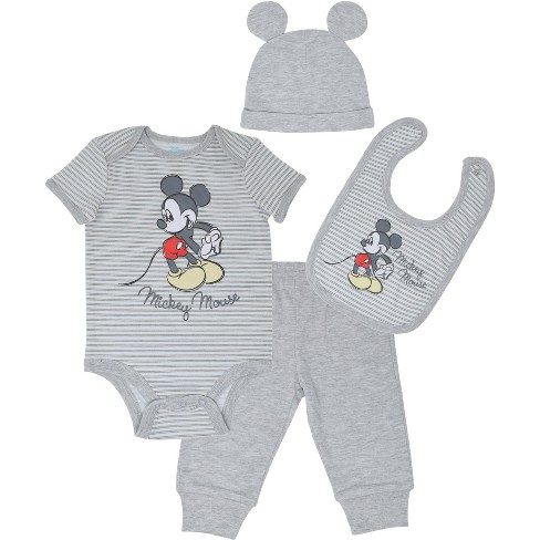 Disney Mickey Mouse Baby Bodysuit Pants Bib And Hat 4 Piece Outfit Set ...