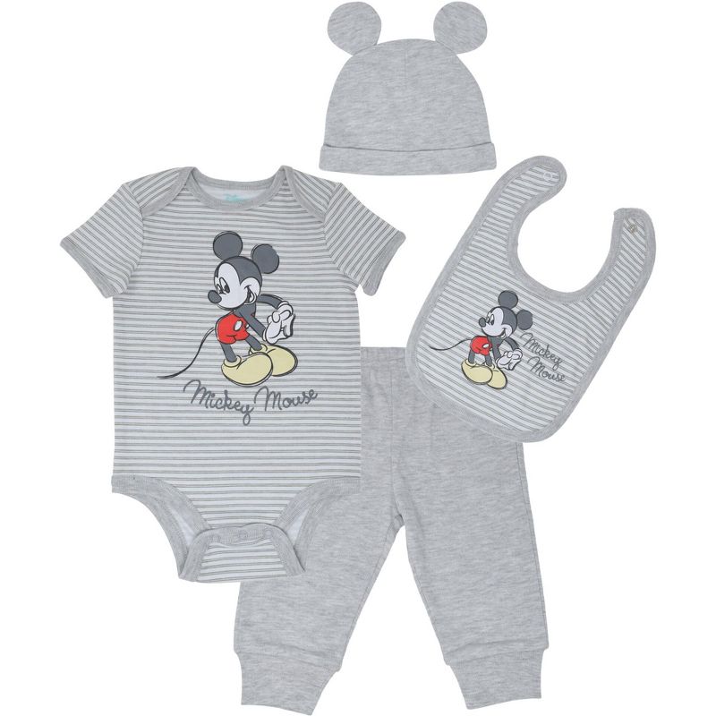 Disney Mickey Mouse Baby Bodysuit Pants Bib and Hat 4 Piece Outfit Set Newborn to Infant, 1 of 9