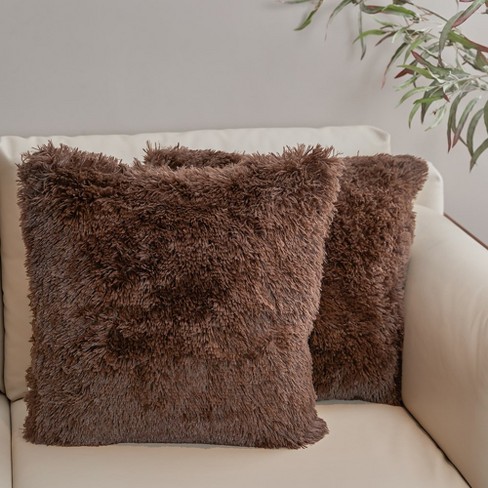 Cheer Collection Super Soft Shaggy Long Hair Throw Pillows Set Of 2 -  Chocolate (20 X 20) : Target