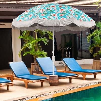 Green Floral Polyester Beach Umbrella with Fringe and Tilt Mechanism