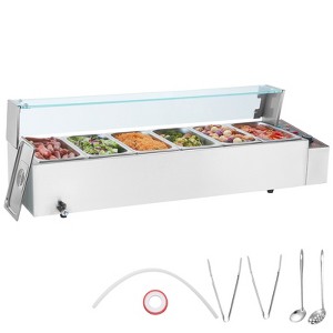 VEVOR 6-Pan Commercial Food Warmer, 6 x 5QT Electric Steam Table with Glass Cover, 1500W Countertop Stainless Steel Buffet Bain Marie - 1 of 4