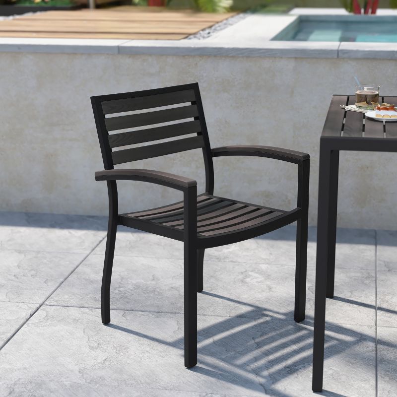 Flash Furniture 2 Pack All-Weather Black Aluminum Patio Stack Chairs - Gray Wash Faux Teak Slats, 2 of 12