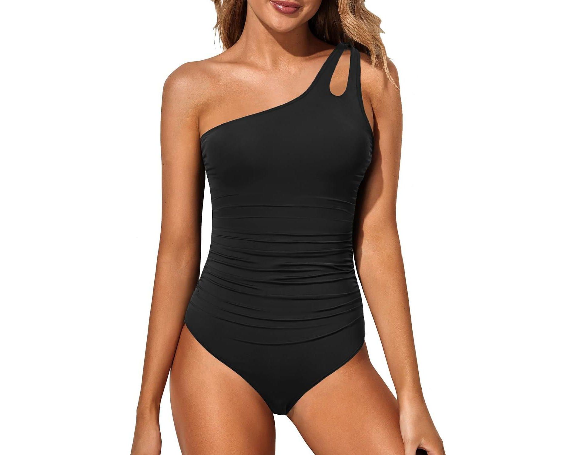 Clearlove Women One Shoulder One Piece Swimsuit Tummy Control Bathing Suits Modest Full Coverage Cutout Swimwear