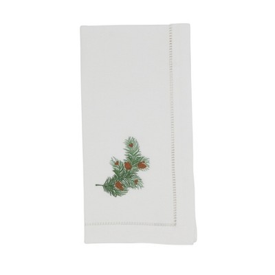 Saro Lifestyle Embroidered Pine Leaf Christmas Hemstitched Border Cotton Napkin (Set of 6 pcs), 20", White
