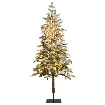 6ft Pre-Lit Artificial Hinged Pencil Christmas Tree Snow-Flocked w/ Metal Stand