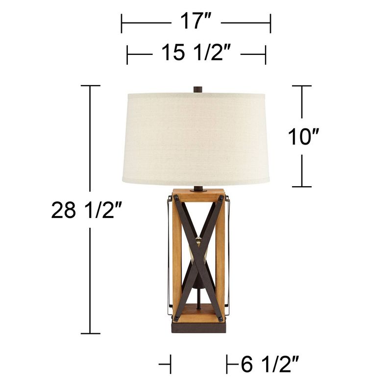 Franklin Iron Works Gaines Rustic Farmhouse Table Lamp 28 1/2" Tall Bronze Wood with LED Nightlight Off White Burlap Drum Shade for Bedroom House Home, 4 of 10