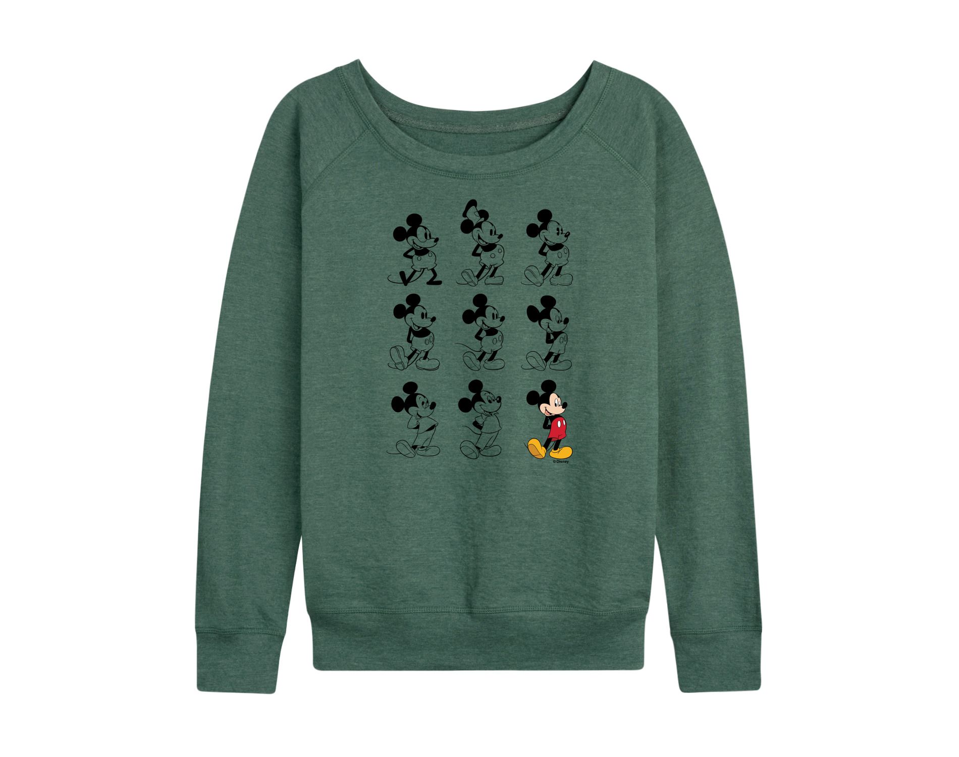 Women's Disney Mickey Mouse Evolution Lightweight French Terry Wide Neck Long Sleeve Graphic Shirt - Heather Juniper - Large