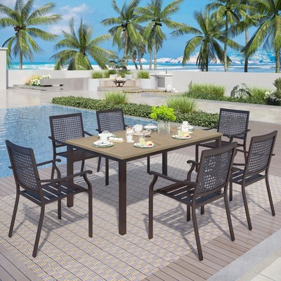 Captiva Designs 7pc Patio Wood-look Steel Dining Table with Umbrella Hole & Stackable Chairs with Bull's Eye Pattern