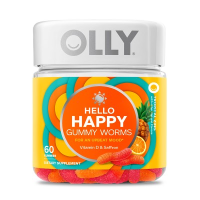 Image of OLLY Hello Happy Gummy Worm Supplements with Vitamin D and Saffron - 60ct