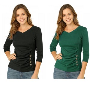 INSPIRE CHIC Women's V Neck 3/4 Sleeves Solid Knitted Buttons Decor Ruched Blouse 2 Packs - 1 of 4
