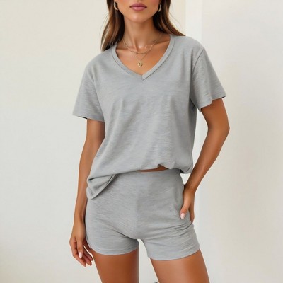 Knit & Lounge Women’s V Neck Lounge Set Stretch Jersey Short Sleeve Top Fitted High Waist Shorts Matching Set