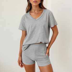 Knit & Lounge Women’s V Neck Lounge Set Stretch Jersey Short Sleeve Top Fitted High Waist Shorts Matching Set - 1 of 4