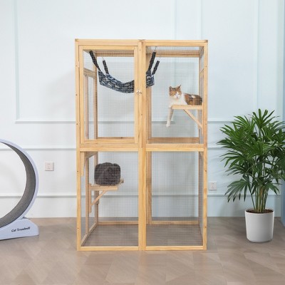 DOMETOUR Wooden Cat Catio Outdoor Cat Enclosure Cat House with Platforms, Sunshine Board, Hammock, Door, Kitten Cage