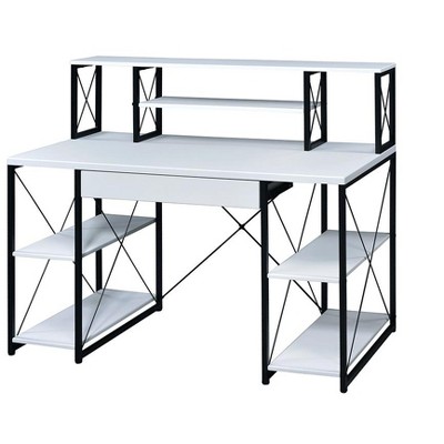 Vynxaria Modern Industrial All Purpose Writing Desk - White Finish (Black/Faux Concrete Optional), 1 Drawer, 8 Compartments, Black Metal Sled Base