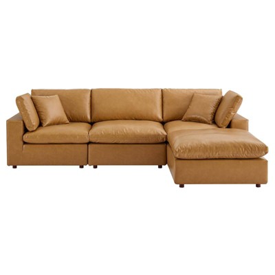 Tan Faux Leather 4-Piece Sectional Sofa with Ottoman and Down Fill Cushions