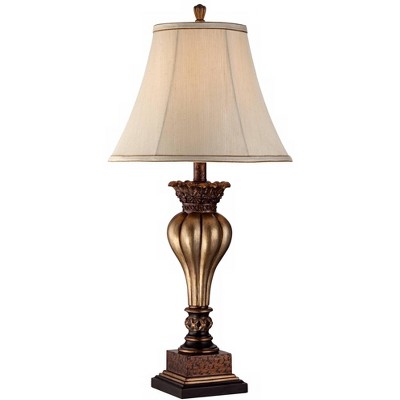  Regency Hill Traditional Table Lamp Vase Silhouette with Fluting and Floral Detail Gold Tan Bell Shade for Living Room Bedroom 