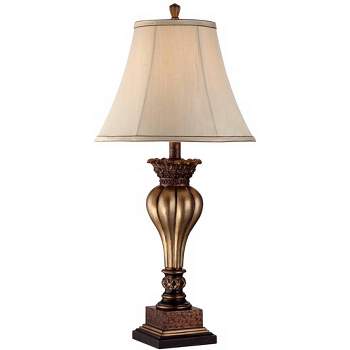 Regency Hill Senardo Traditional Table Lamp 30" Tall Gold Vase Silhouette with Fluting and Floral Tan Bell Shade for Bedroom Living Room Bedside Home