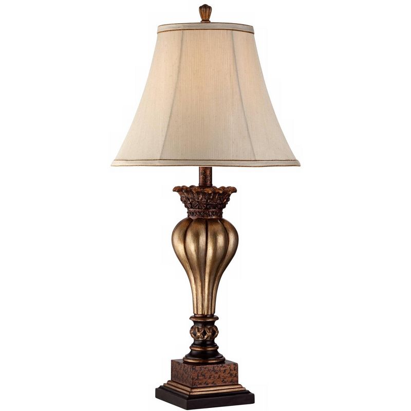 Regency Hill Senardo Traditional Table Lamp 30" Tall Gold Vase Silhouette with Fluting and Floral Tan Bell Shade for Bedroom Living Room Bedside Home, 1 of 10
