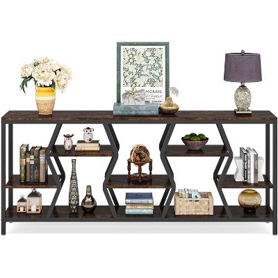 Gulches Industrial Console Table, 4-Tier Wood Storage, Extra Long Narrow, Rustic Brown, 70.9"
