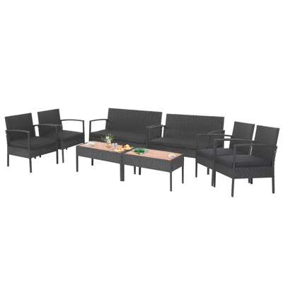 Tangkula Patio Rattan 8PCS Cushioned Chair Side Table Set Bistro Set Classic Furniture Single Sofa Thick Cushion Loveseat for Garden Black