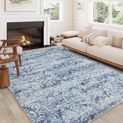 8x10 Living Room Rug Washable, Soft Vintage Distressed Large Area Rugs for Bedroom Boho Abstract Indoor Floor Carpet, Low Pile Non-Slip, Blue