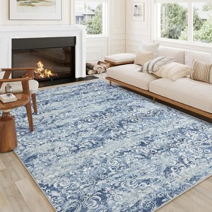 8x10 Living Room Rug Washable, Soft Vintage Distressed Large Area Rugs for Bedroom Boho Abstract Indoor Floor Carpet, Low Pile Non-Slip, Blue - 1 of 4