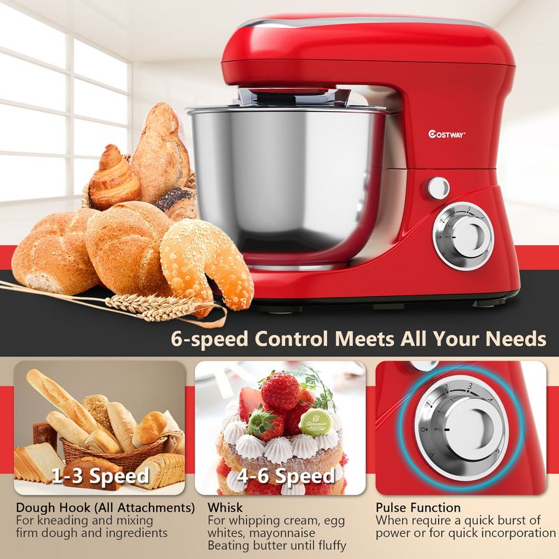 Costway 5.3 Qt Stand Mixer Kitchen Food Mixer 6 Speed w/ Dough Hook Beater Red\Black\ Pink, 5 of 11