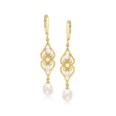 Ross-Simons 4-7.5mm Cultured Pearl Scrolled Heart Drop Earrings in 18kt Gold Over Sterling