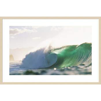41" x 28" Hawaiian Green Wave At Pipeline by Design Pics Danita Delimont Wood Framed Wall Art Print - Amanti Art
