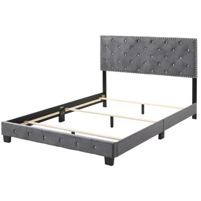 Suffolk Queen Bed with Tufted Velvet Upholstery and Nailhead Trim in Gray