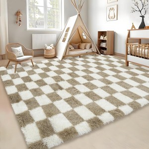 Fluffy Runner Rug Ultra-Soft Shaggy Carpet Runner with Non-Slip Backing, Modern Checkerboard Hallway Rug - 1 of 4