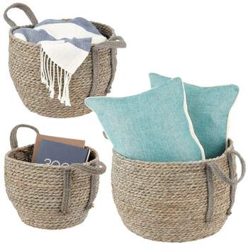 mDesign Round Seagrass Woven Storage Basket with Handles - Set of 3 - Gray Wash