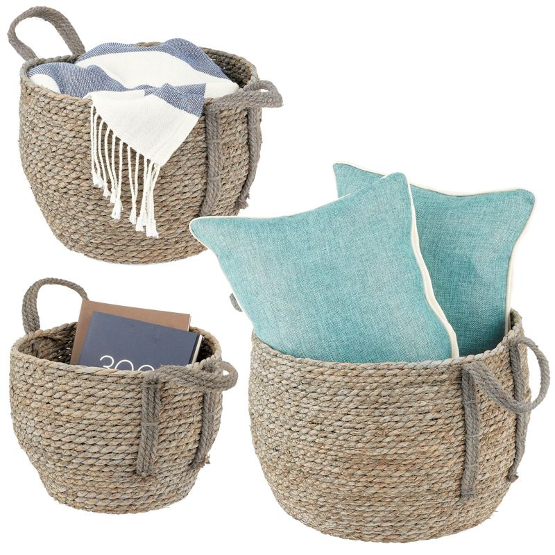 mDesign Round Seagrass Woven Storage Basket with Handles - Set of 3, 1 of 9
