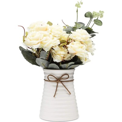 Farmlyn Creek 4 Piece Artificial White Roses, Fake Faux Flowers Plants with Ceramic Vase for Indoor Spring Home Decor