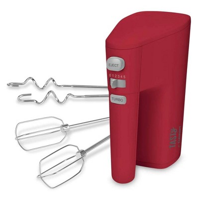 Tasty by Cuisinart Electric Home Kitchen Handheld Food Mixer with Wire Beaters, Dough Hooks, Turbo Boost Feature, and Variable 5 Speed Control, Red
