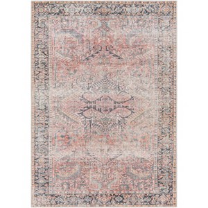 Livabliss 6'7"x9' Kemer Traditional Machine Washable Rug Coral Pink: Flat Pile, Medallion Pattern, Indoor Use - 1 of 4