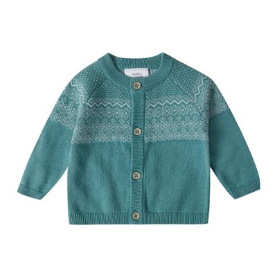Stellou & Friends 100% Cotton Knit Norwegian Jacquard Design Baby  Boys Girls Long Sleeve Cardigan Sweater  - 18-24 Months / Teal with Beige