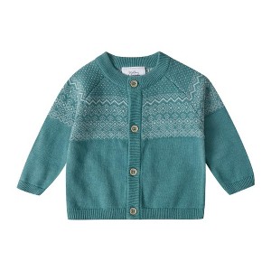 Stellou & Friends 100% Cotton Knit Norwegian Jacquard Design Baby  Boys Girls Long Sleeve Cardigan Sweater  - 18-24 Months / Teal with Beige - 1 of 4