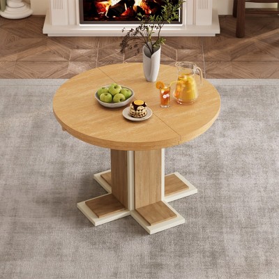 42''-58''W Solid Wood Extendable Dining Table For 6,Round Dining Table With A Middle Leaf,Retro Double Layer Design Dining Table -Maison Boucle