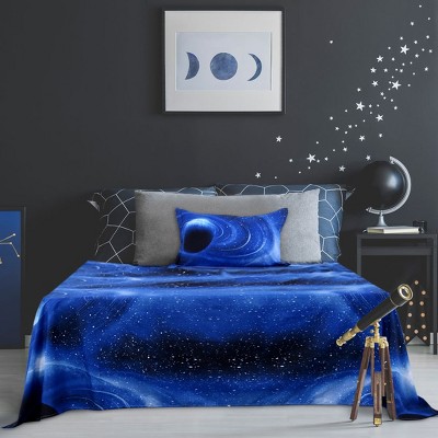 3 Pcs Twin Polyester Galaxy Stars Themed Bedding Sets Blue  - PiccoCasa