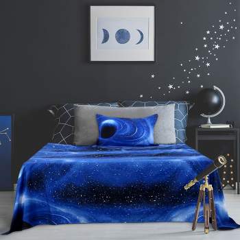 PiccoCasa Polyester Galaxy Stars Themed Sheet & Pillowcase Sets 3 Pcs Twin Blue