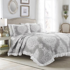 Full/Queen 3pc Lucianna Ruffle Edge Cotton Bedspread Set Gray - Lush Décor