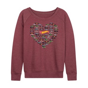 Women's - Hot Wheels - Valentine's Hot Wheels Heart Lightweight French Terry Wide Neck Long Sleeve Shirt - 1 of 4